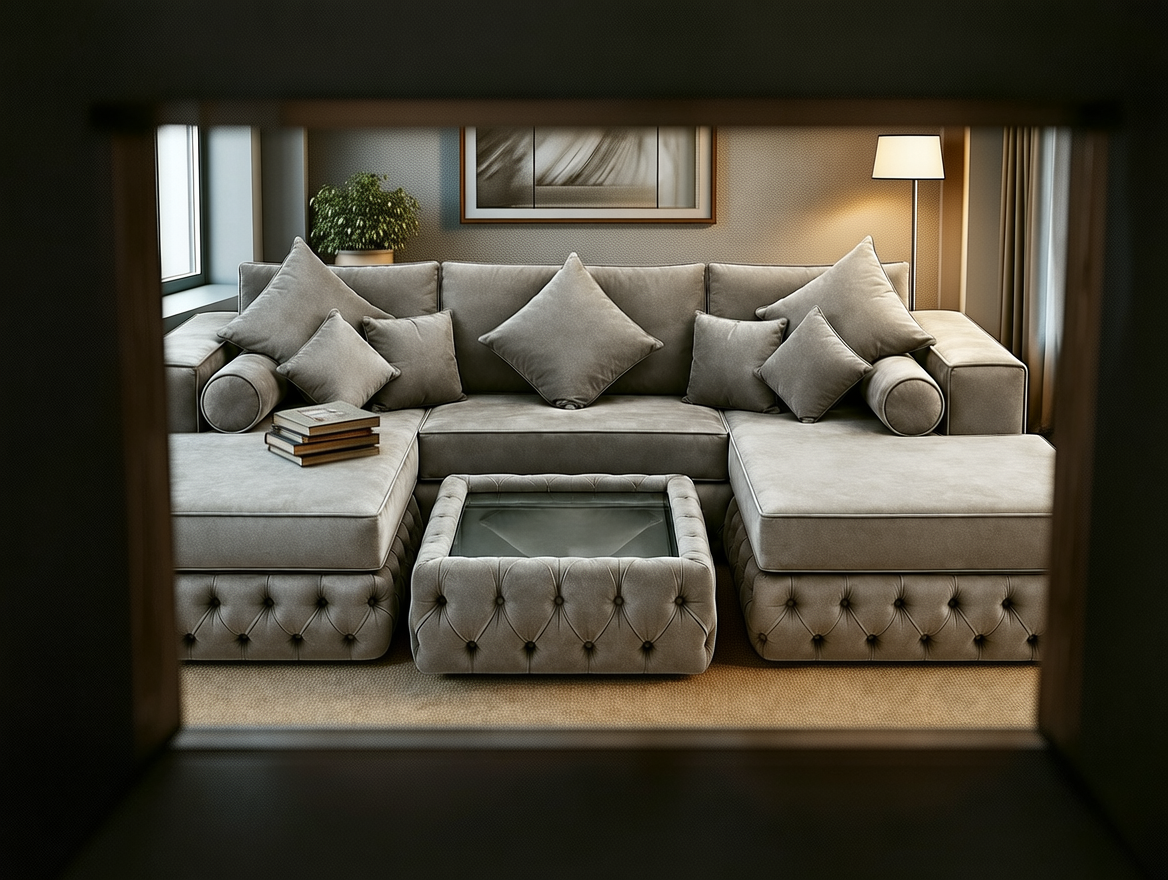 Ashton Chaise sofa styled in a bright living room with layered cushions
